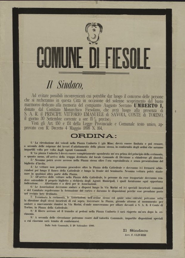 Ordinanza per visita Vittorio Emanuele, scoprimento busto Umberto I. Archivio Comunale di Fiesole, Manifesti, 1900, B01.