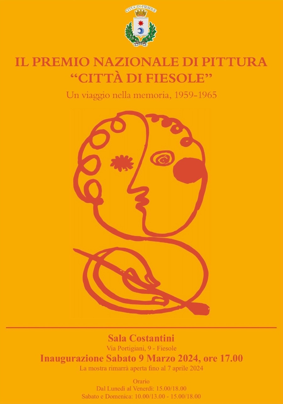 Locandina dell'inaugurazione della mostra 'Il Premio nazionale pittura "Città di Fiesole". Un viaggio nella memoria, 1959-1965', avvenuta il 9 marzo 2024
