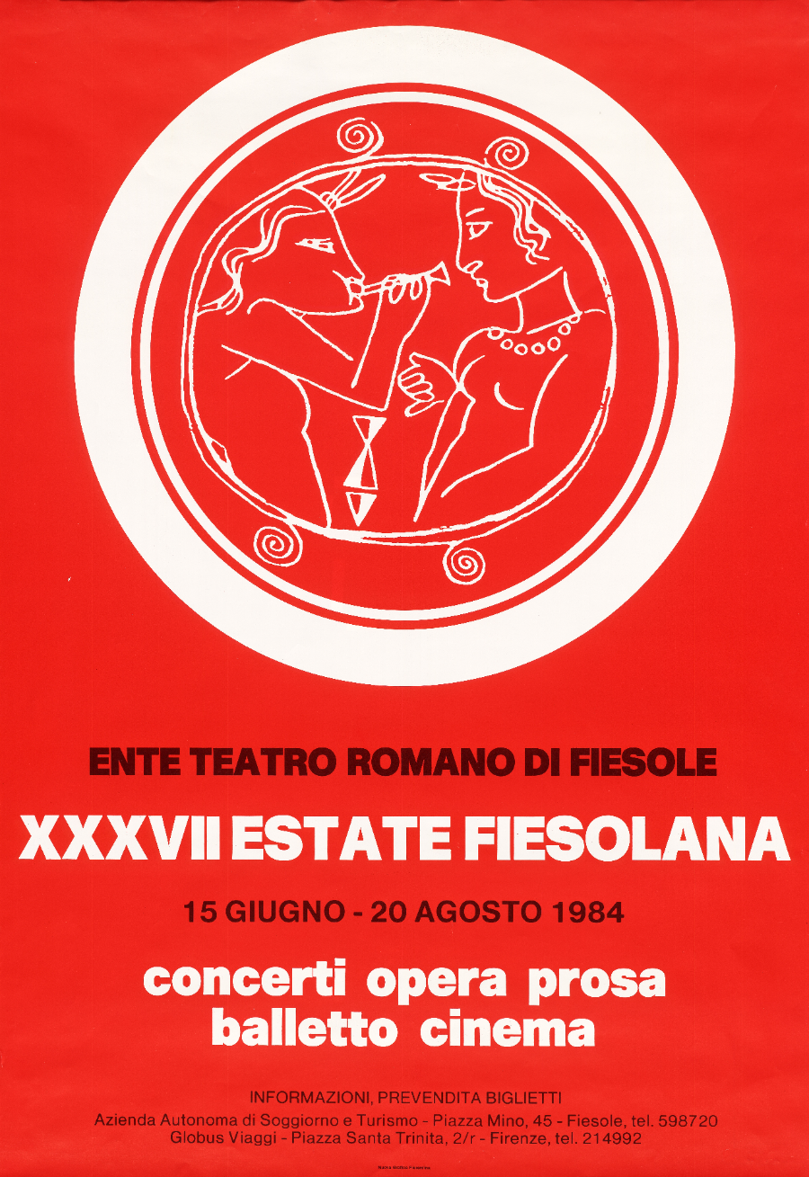 Manifesto della XXXVII edizione dell'Estate Fiesolana, tenutasi dal 15 giugno al 20 agosto 1984, con al centro il logo realizzato da Fernando Farulli
