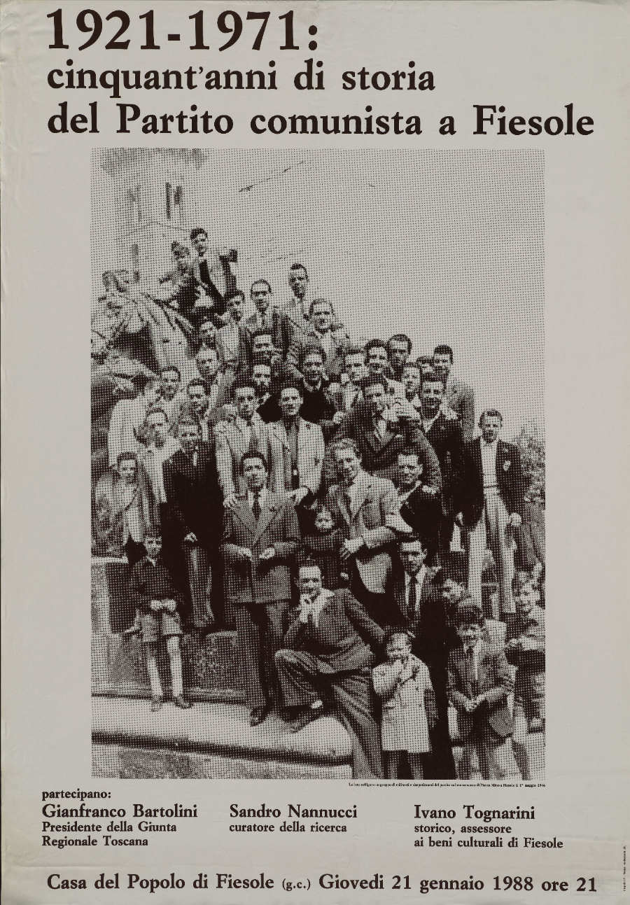 Manifesto della conferenza "1921-1971: cinquant'anni di storia del Partito Comunista a Fiesole", tenutasi il 21 gennaio 1988 presso la Casa del Popolo di Fiesole