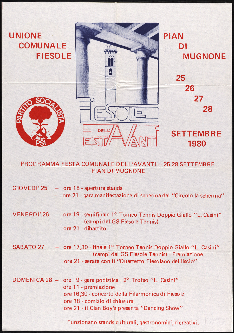Manifesto della Festa comunale dell'Avanti, 26-28 settembre 1980, con il campanile del duomo di Fiesole visibile dalla loggia del municipio