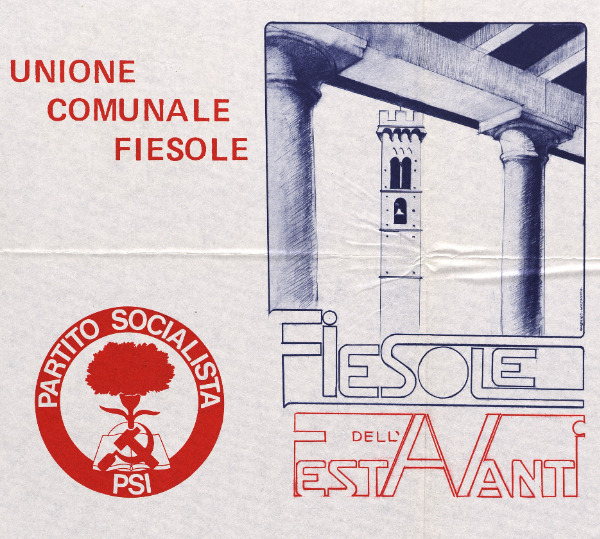 Particolare del manifesto della Festa comunale dell'Avanti, 26-28 settembre 1980, con il campanile del duomo di Fiesole visibile dalla loggia del municipio