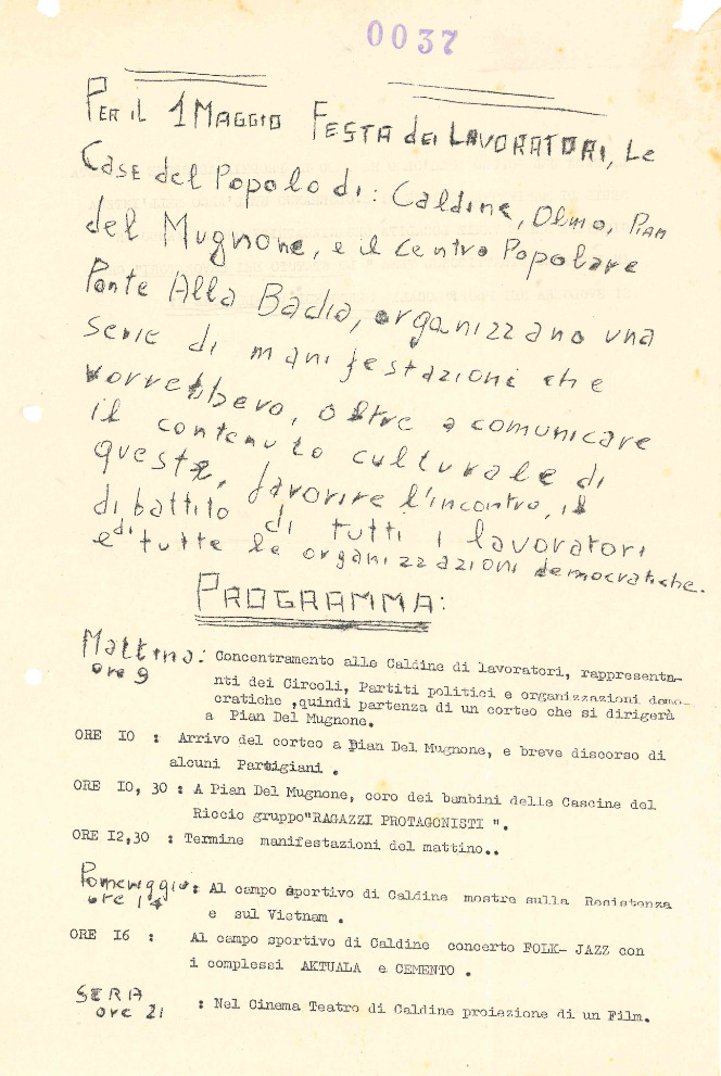 Ciclostile del programma delle manifestazioni per la festa del 1 maggio, organizzate dalle Case del Popolo di Caldine, Olmo e Pian del Mugnone, e dal Centro Popolare Ponte alla Badia