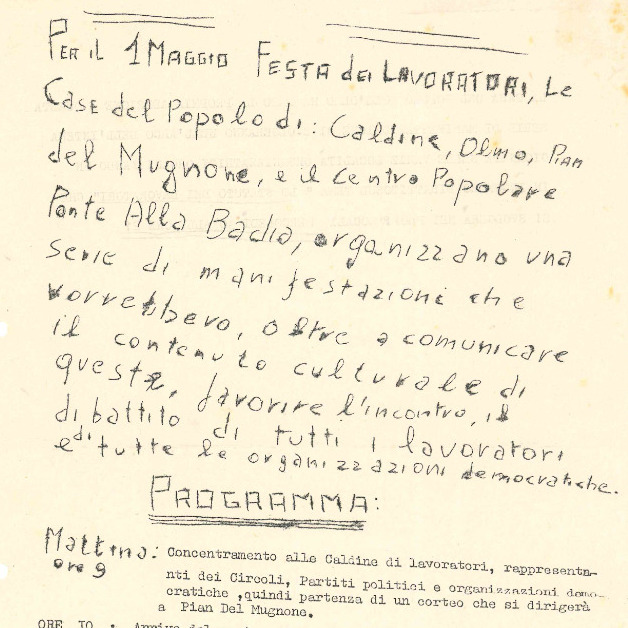 Particolare del programma delle manifestazioni per la festa del 1 maggio organizzate dalle Case del Popolo di Caldine, Olmo e Pian del Mugnone, e dal Centro Popolare Ponte alla Badia